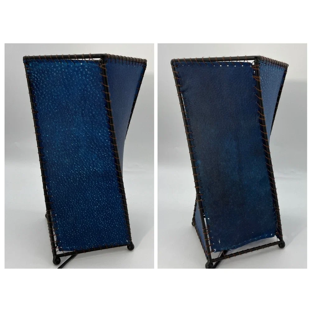 Vtg 90s Y2K Twisted Geometric Table Lamp Blue Rawhide‎ Stitched Shade  Skin Lamp